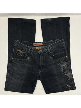 VTG Dark Wash Boot Cut Old Valley Jeans With Floral Peacock Side Embroidery 9-10